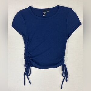 Windsor Blue Ribbed Ruched Side Tie Crop Top Stretch Short Sleeve